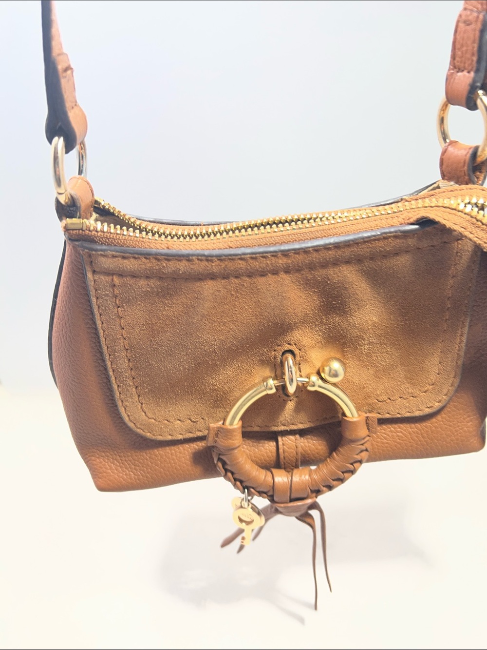 See By Chloe Brown Leather and Suede Crossbody with Gold Ring Accent size 8x5,